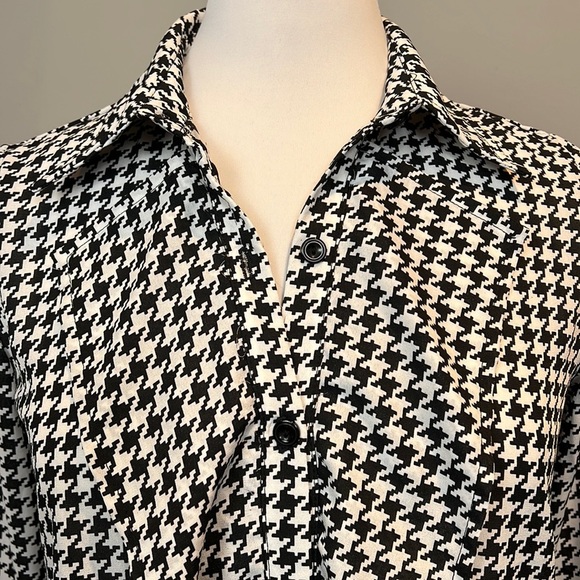 Kay Celine Dorian Ruffle Front Poly Chiffon Houndstooth Print Blouse XS - Picture 2 of 5